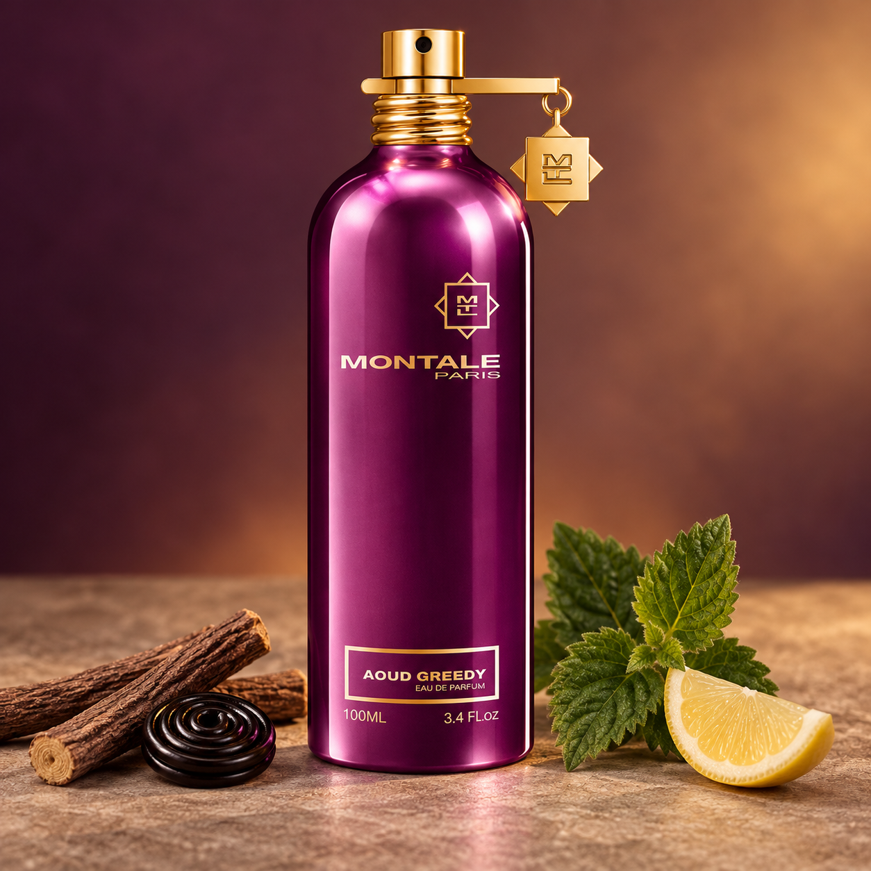 Aoud Greedy beside licorice root, a black licorice curl, patchouli leaves, and lemon on warm stone against a plum background.