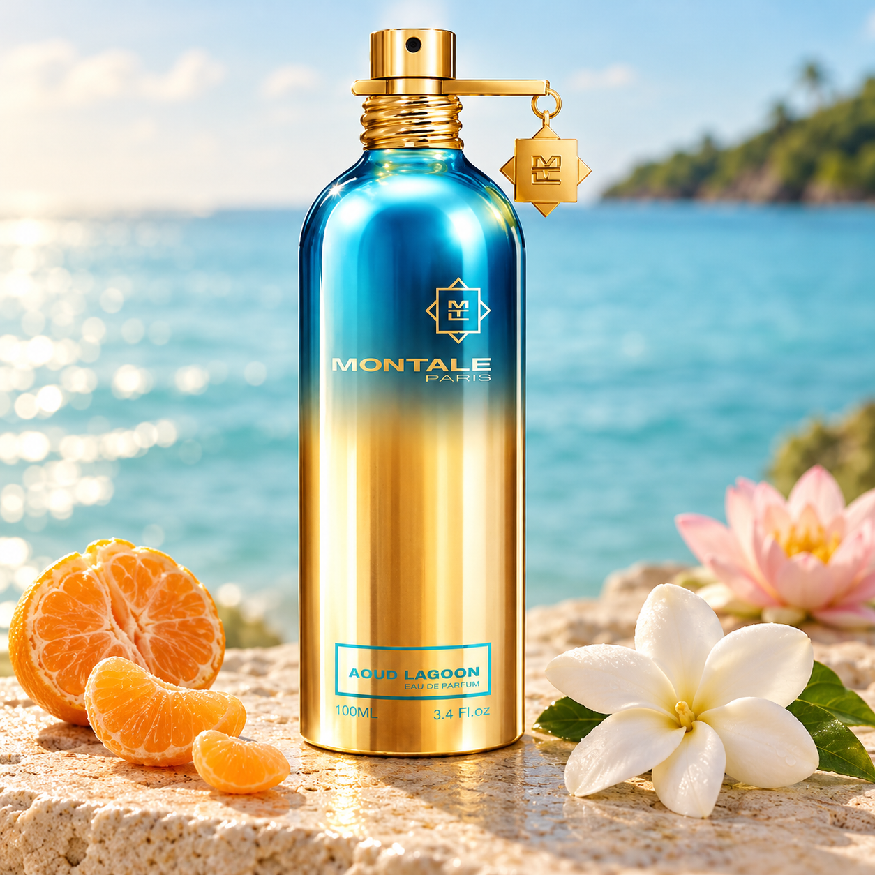 Aoud Lagoon beside mandarin, a white tiare flower, and pink lotus on sunlit stone overlooking turquoise water.