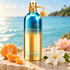Aoud Lagoon beside mandarin, a white tiare flower, and pink lotus on sunlit stone overlooking turquoise water.
