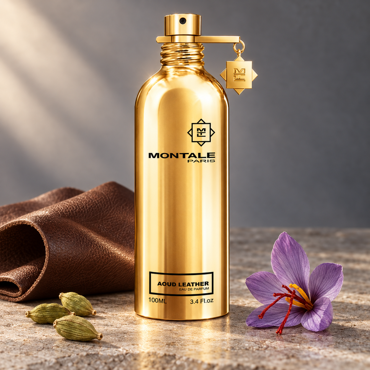 Montale Aoud Leather’s gold bottle beside folded brown leather, cardamom pods, and a purple saffron crocus on softly lit stone.