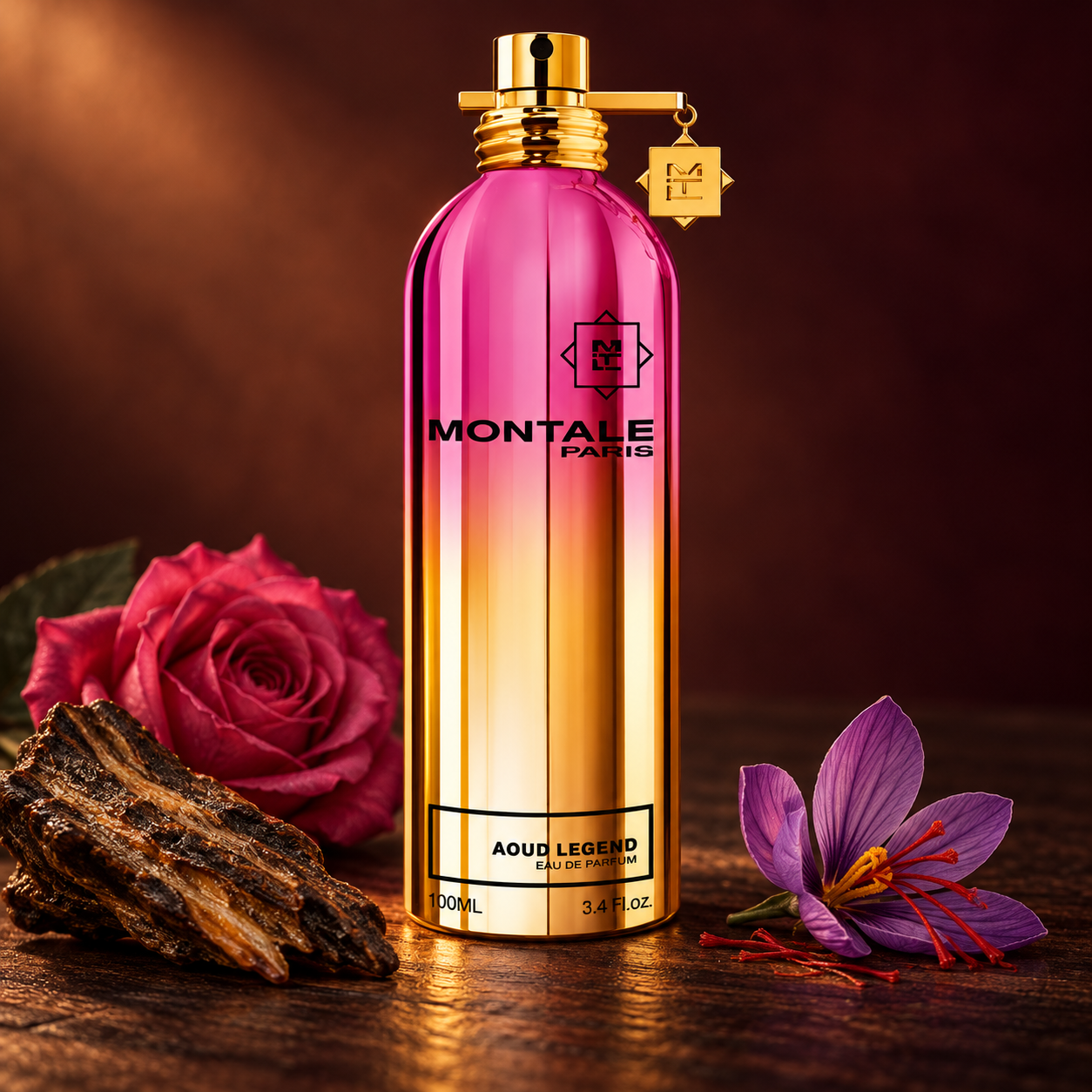 Montale Aoud Legend’s pink-and-gold bottle beside oud wood, a deep pink rose, and a saffron crocus on dark wood in warm light.