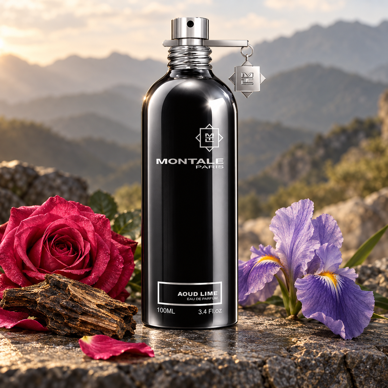 Montale Aoud Lime beside a deep pink rose, lavender iris, and oud wood on sunlit stone, with softly blurred mountains behind it.