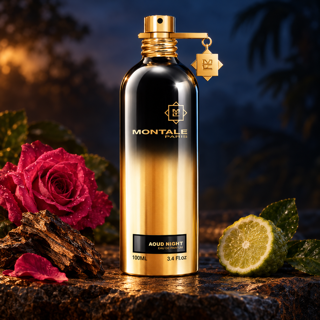 Montale Aoud Night’s black-and-gold bottle beside a deep pink rose, oud wood, and bergamot on dark stone in warm evening light.