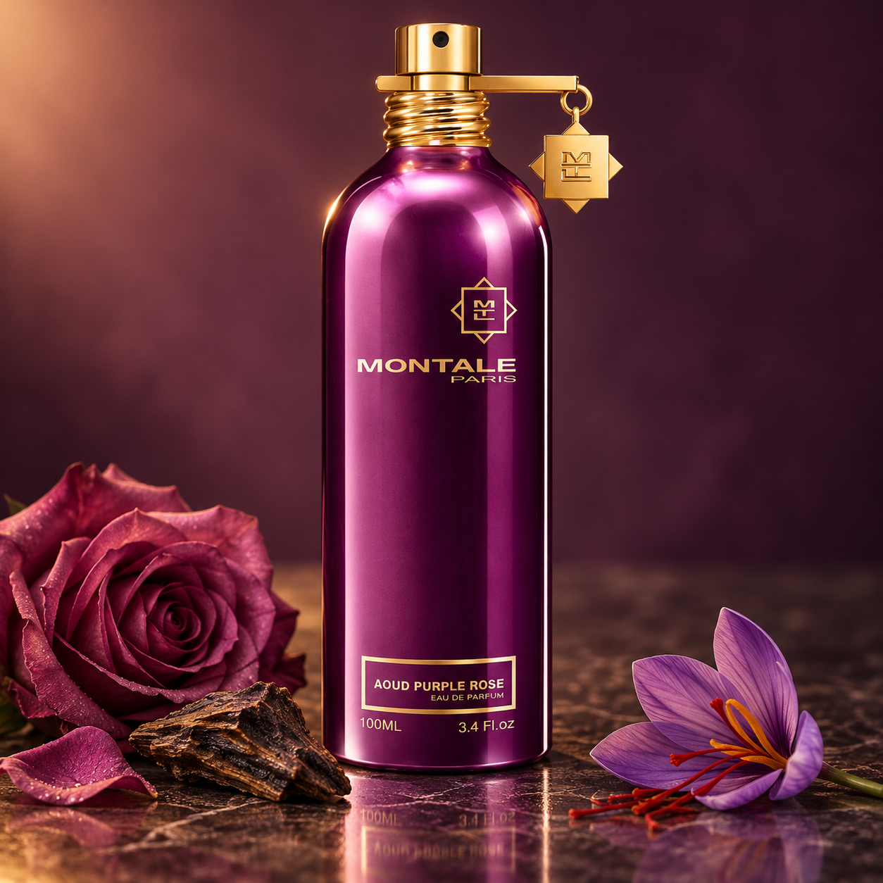 Montale Aoud Purple Rose beside a mauve rose, saffron crocus, and oud wood on polished stone against a softly lit plum background.