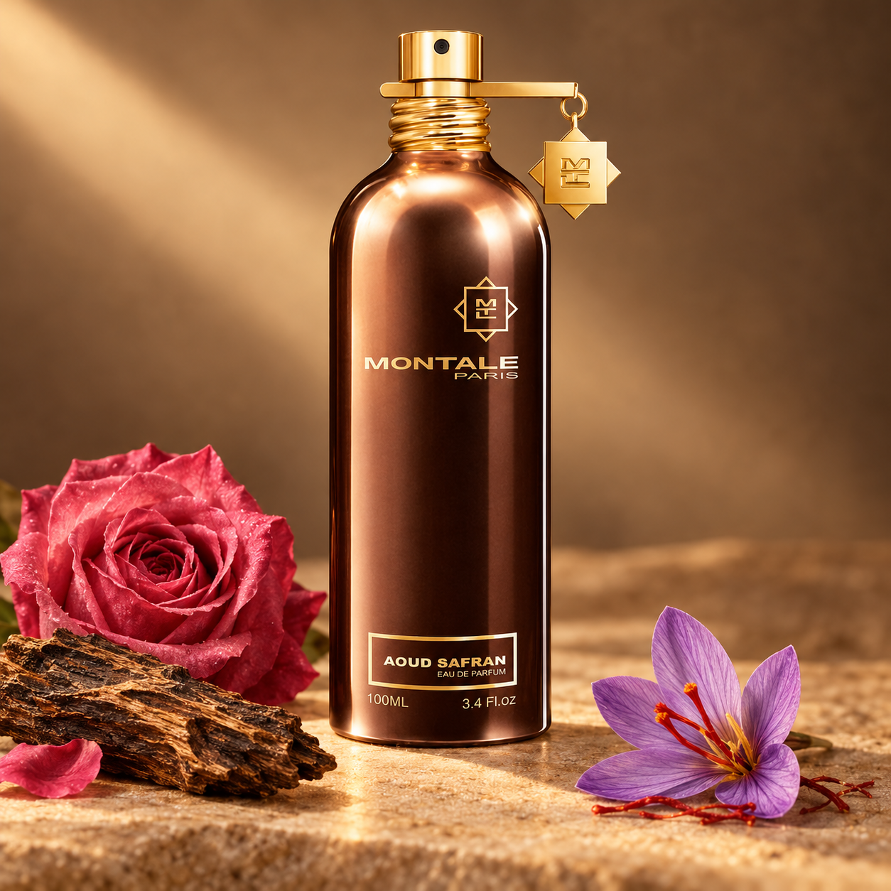 Montale Aoud Safran’s copper-brown bottle beside a pink rose, oud wood, and a purple saffron crocus on stone in warm golden light.