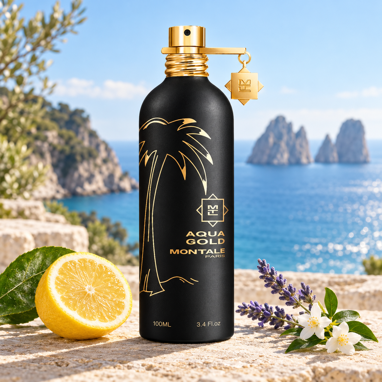 Montale Aqua Gold on sunlit limestone beside lemon, lavender, and white jasmine, overlooking turquoise water and Capri-inspired sea stacks.