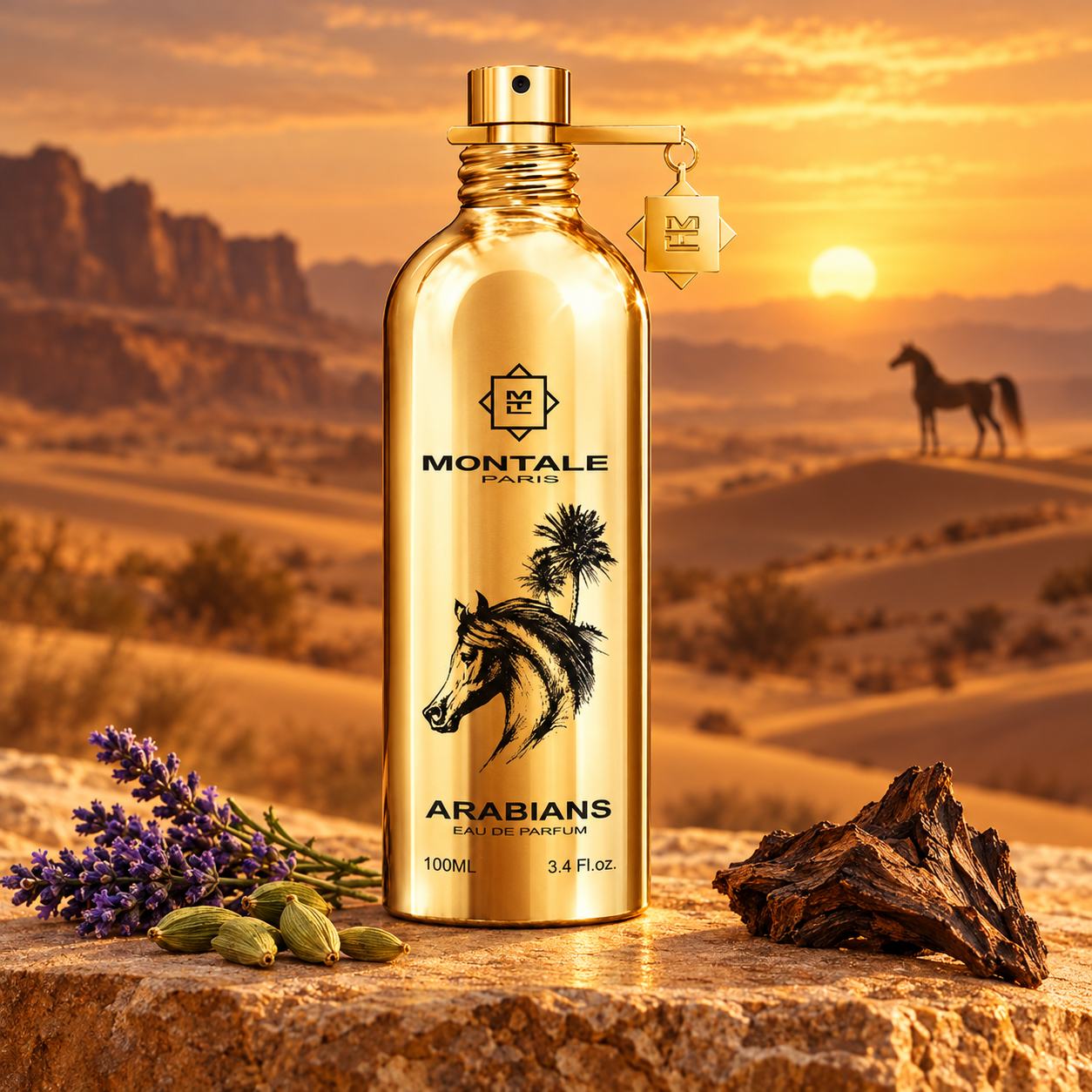 Montale Arabians on sandstone beside lavender, cardamom pods, and oud wood, with a distant horse silhouetted against desert dunes at sunset.