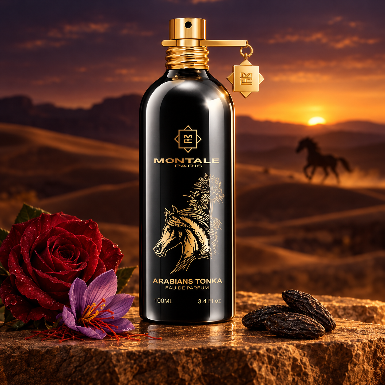 Montale Arabians Tonka on sandstone beside a red rose, purple saffron crocus, and tonka beans, with a distant horse crossing desert dunes at sunset.