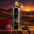 Montale Arabians Tonka on sandstone beside a red rose, purple saffron crocus, and tonka beans, with a distant horse crossing desert dunes at sunset.