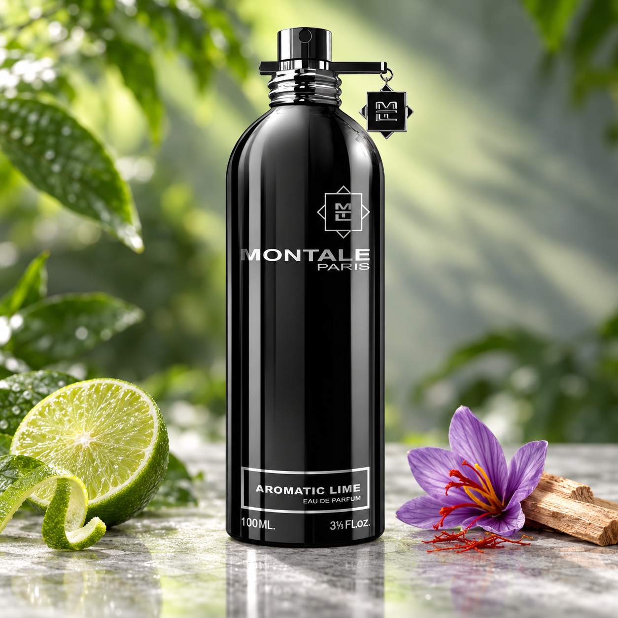 Montale Aromatic Lime on pale stone beside fresh lime, purple saffron crocus, and sandalwood, against softly lit green foliage.