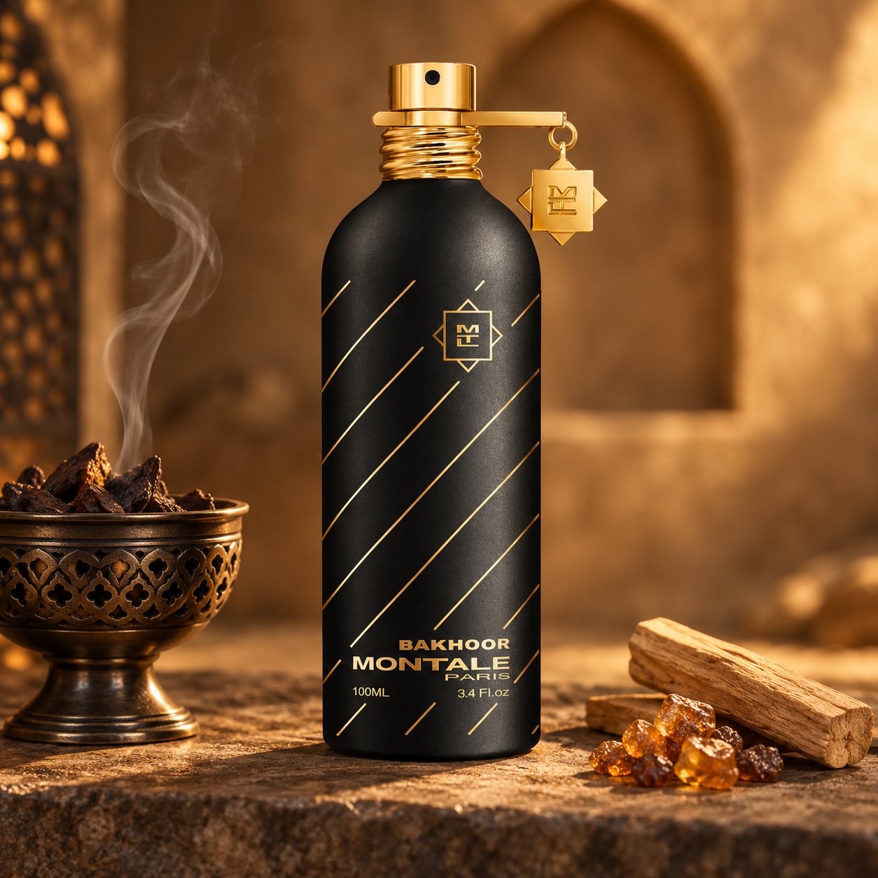 Montale Bakhoor’s black-and-gold bottle beside a smoking bronze incense burner, sandalwood, and amber resin in warm light.