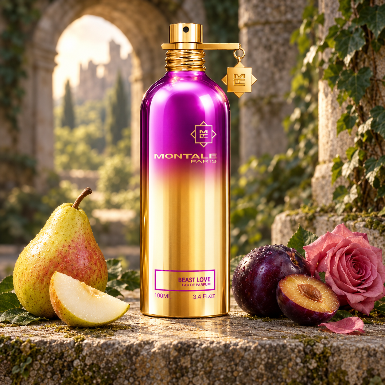 Montale Beast Love’s magenta-and-gold bottle beside pear, plum, and pink rose on a sunlit stone ledge framed by ivy-covered castle arches.
