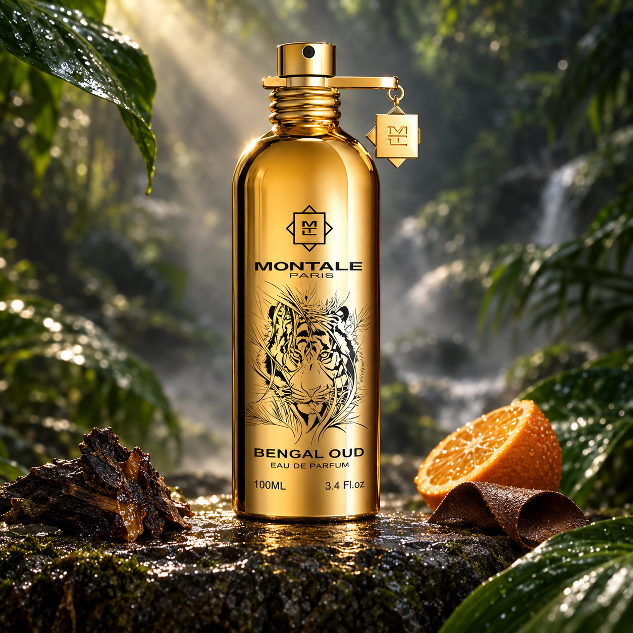 Montale Bengal Oud on wet jungle stone beside agarwood, leather, and bitter orange, surrounded by misty foliage and golden light.