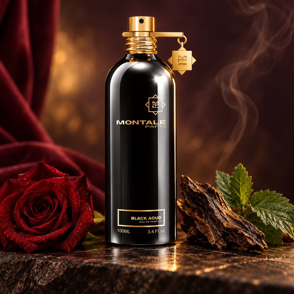Montale Black Aoud beside a deep red rose, oud wood, and patchouli leaves, with burgundy fabric and softly curling smoke.