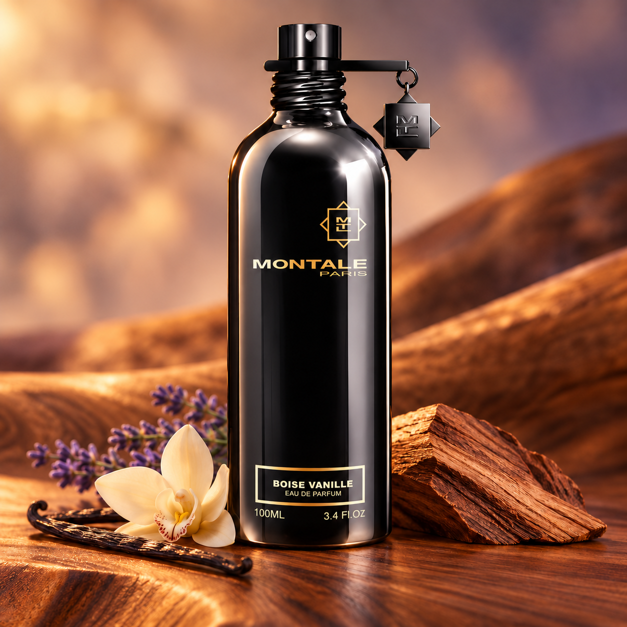 


Montale Boisé Vanille on warm cedarwood with a vanilla orchid, vanilla pods, and lavender in soft amber light.