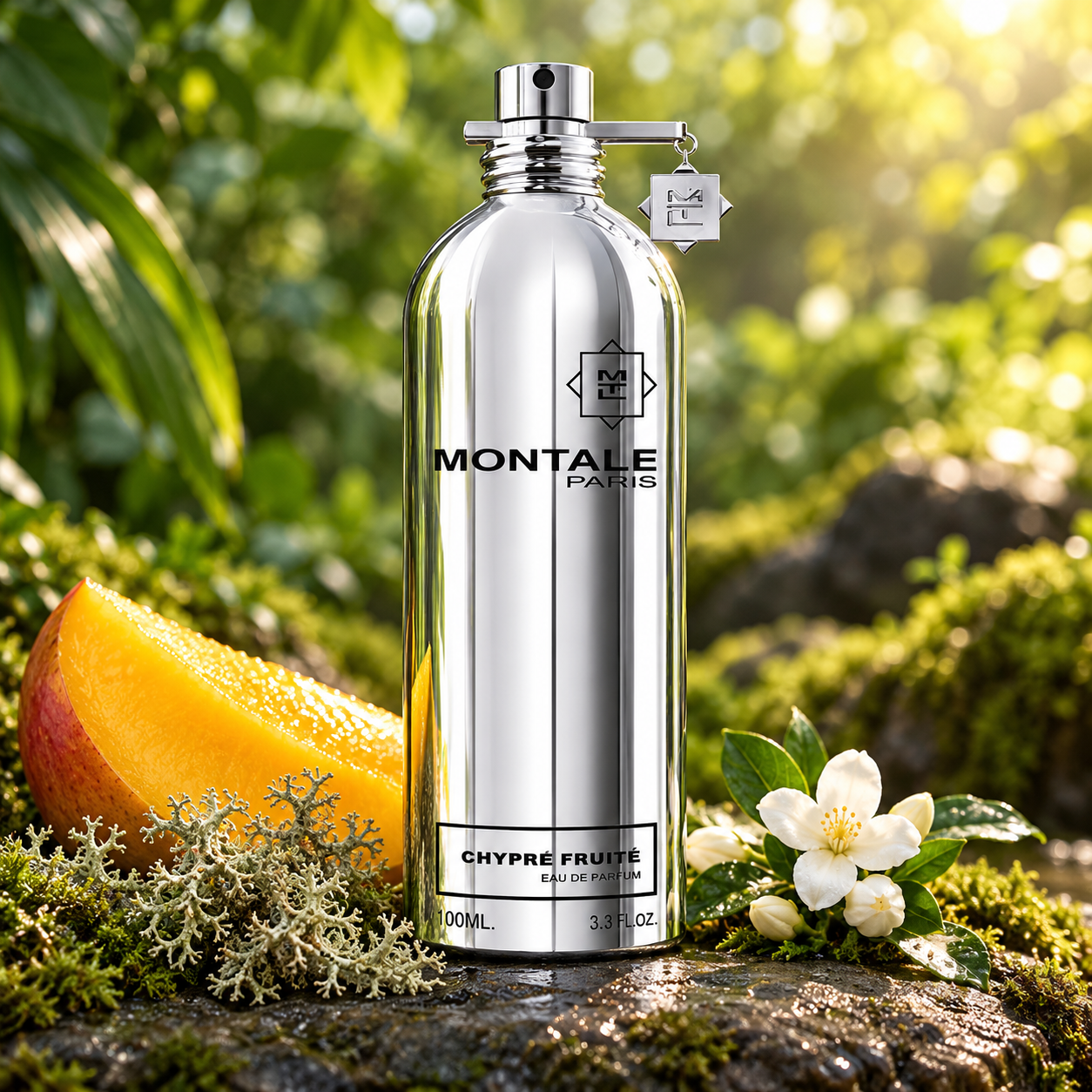 Montale Chypre Fruité on mossy stone beside a mango slice, oakmoss, and jasmine, with sunlit tropical greenery behind it.