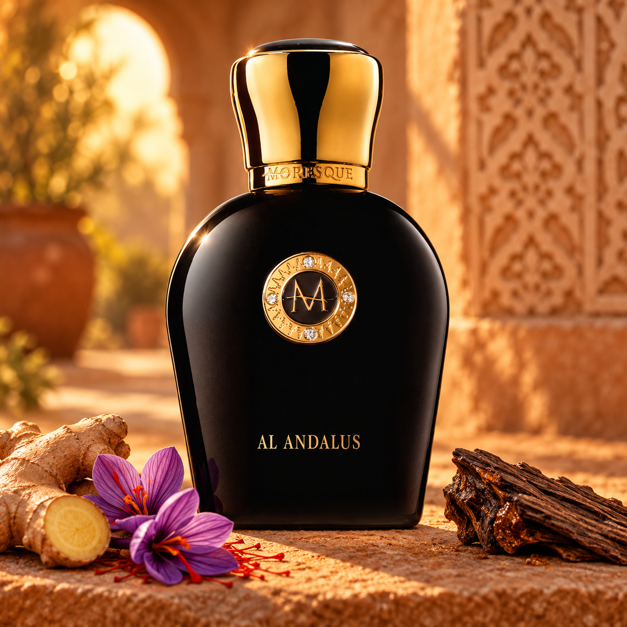 Moresque Al Andalus’s black and gold bottle beside ginger, purple saffron crocuses, and oud wood in a warmly lit Moorish courtyard.