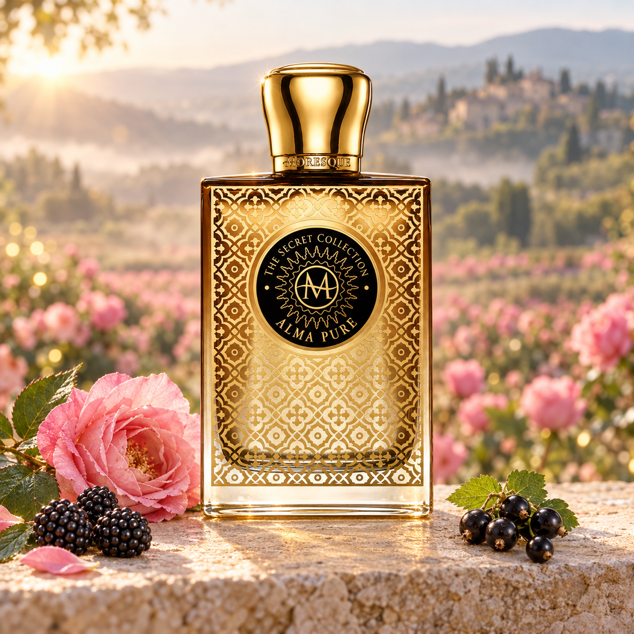 Moresque Alma Pure’s ornate golden bottle stands beside a pink May rose, blackberries, and blackcurrants, with misty rose fields in warm morning light.