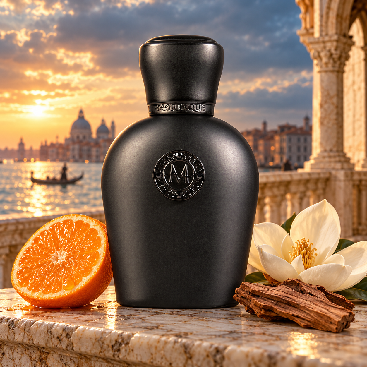 Moresque Byron with tangerine, magnolia, and sandalwood on a marble balcony overlooking Venice at sunset.