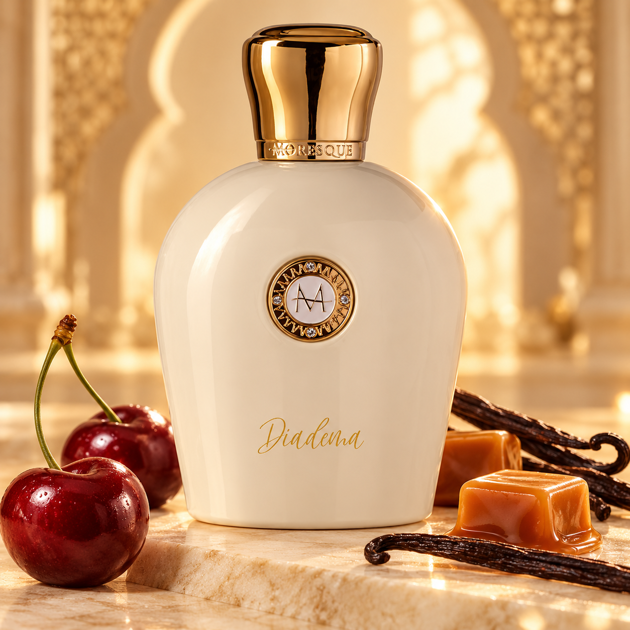 Moresque Diadema ivory bottle with whole cherries, caramel and vanilla pods on cream stone beneath a softly blurred golden arch.
