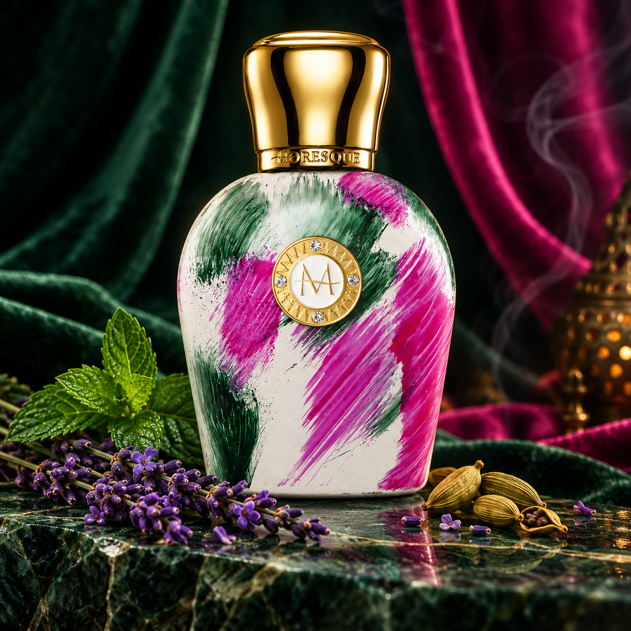 Moresque Divina Marchesa painted bottle with mint, lavender and cardamom on emerald stone against green and fuchsia velvet.