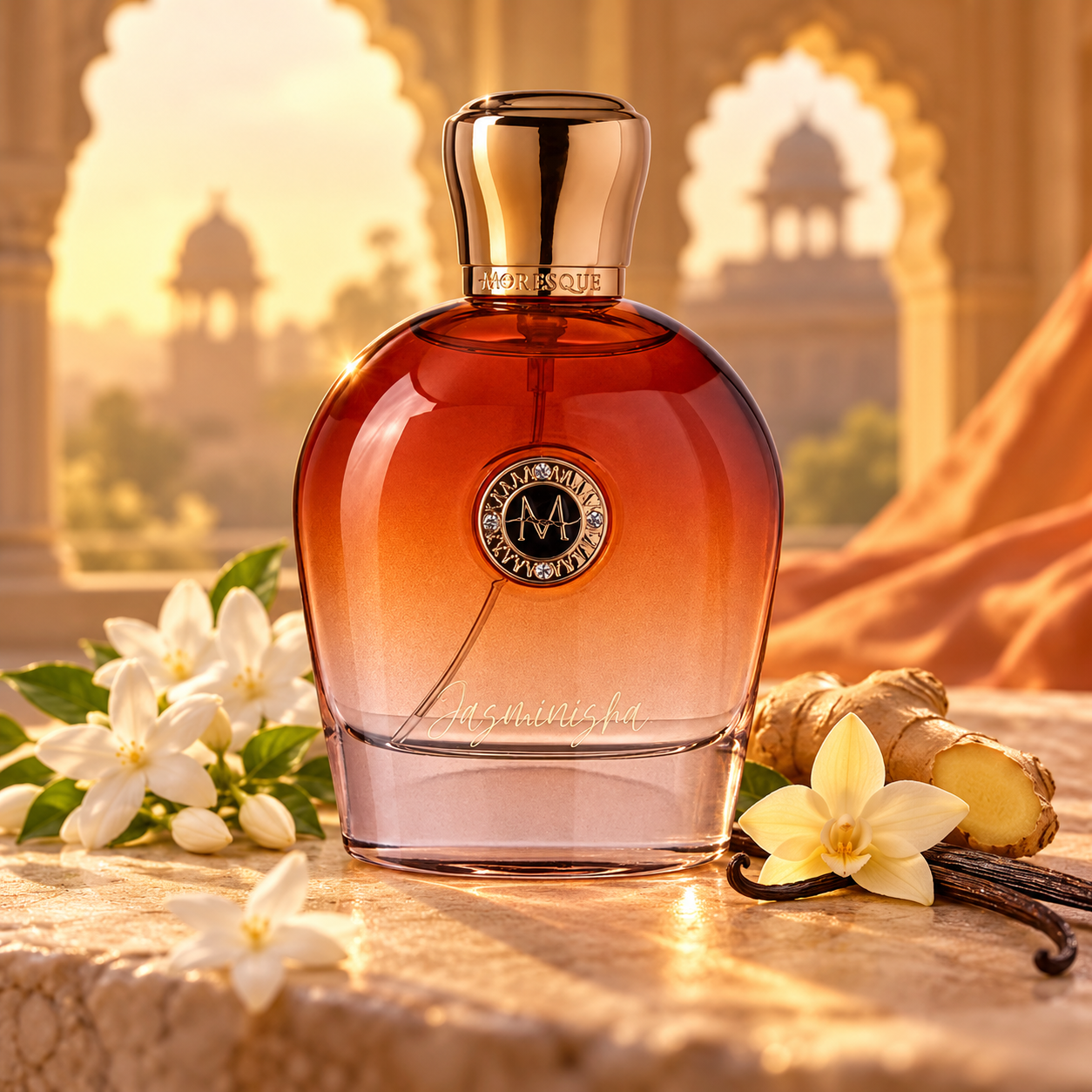 Moresque Jasminisha amber gradient bottle with gold cap beside jasmine, ginger and vanilla orchid in a golden palace setting.