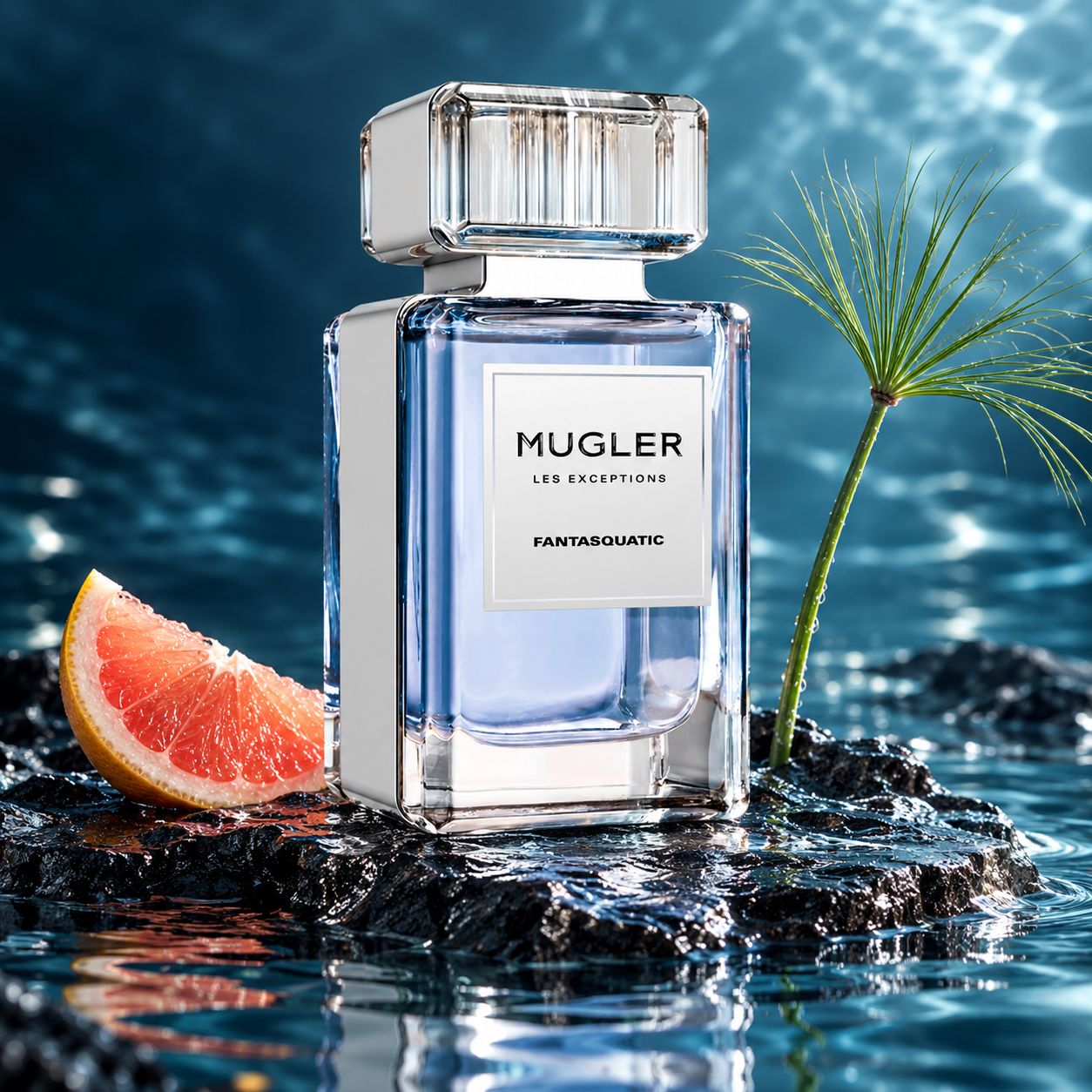 Mugler Fantasquatic on wet black stone with a grapefruit wedge and papyrus beside deep blue water.