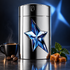 Mugler A*Men’s chrome bottle and blue star beside espresso, caramel, and patchouli leaves against a dark blue backdrop.
