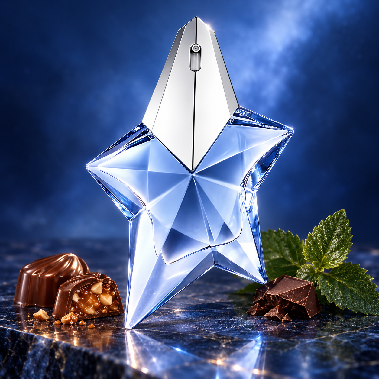 Mugler Angel’s blue star bottle on polished dark blue stone beside praline chocolates, dark chocolate, and green patchouli leaves in cool silver-blue light.