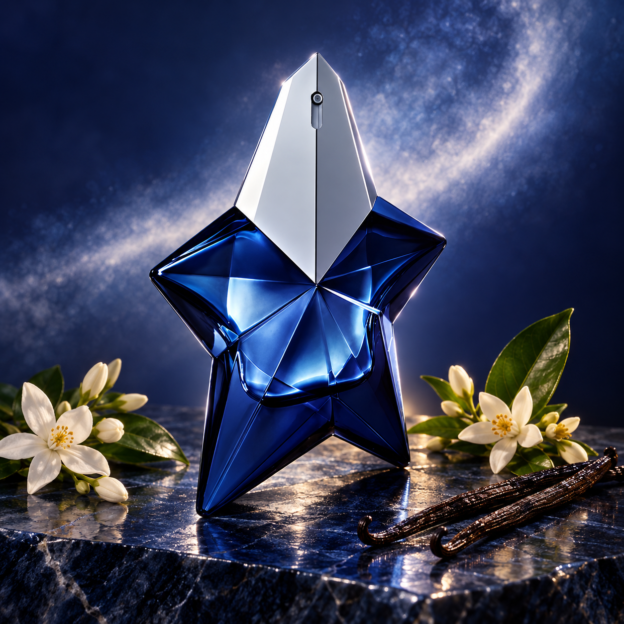 Mugler Angel Elixir’s deep blue star bottle on polished dark stone beside white blossoms and vanilla pods, against a luminous indigo backdrop.