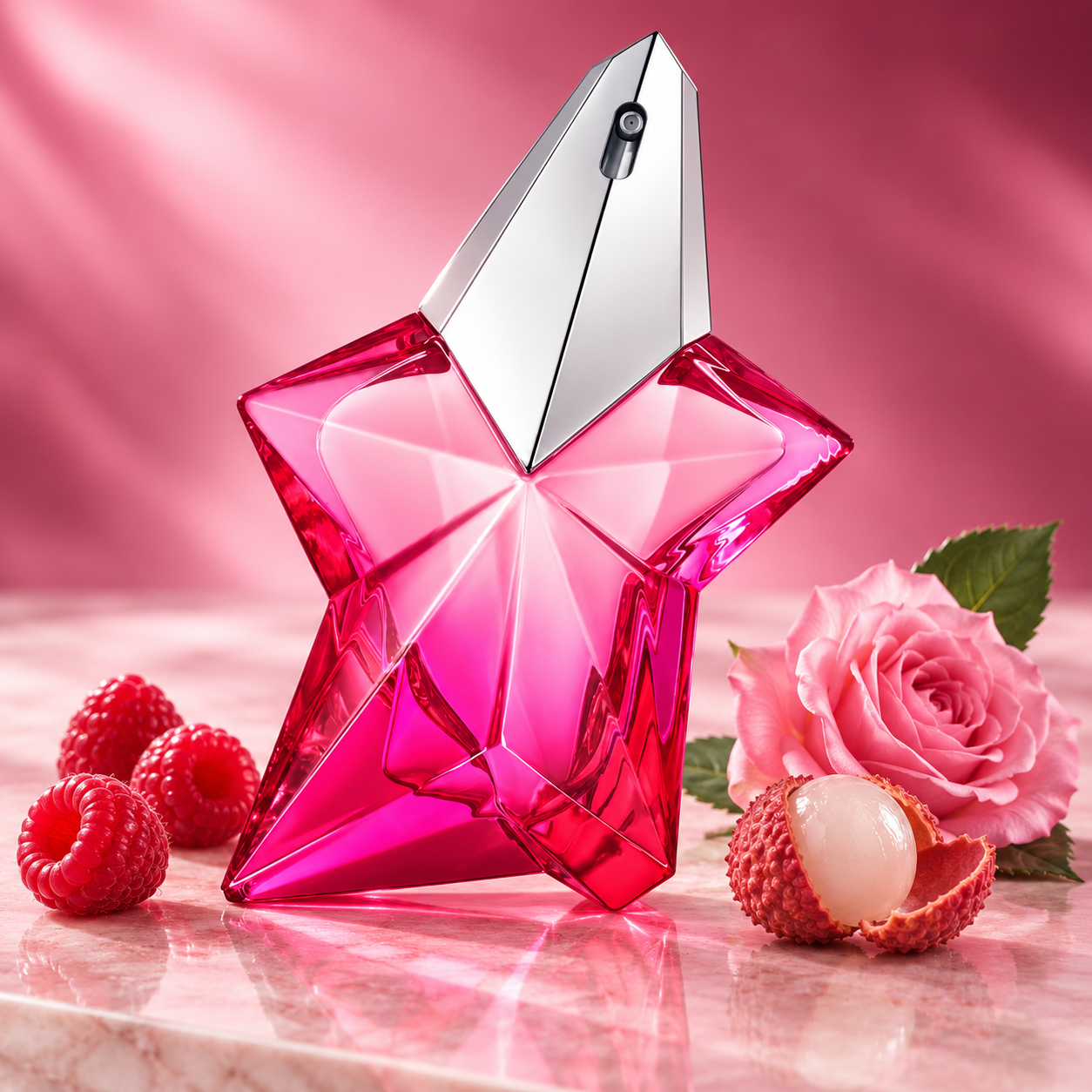 Mugler Angel Nova’s raspberry-pink star bottle on blush stone beside raspberries, a peeled lychee, and a pink rose in luminous pink light.