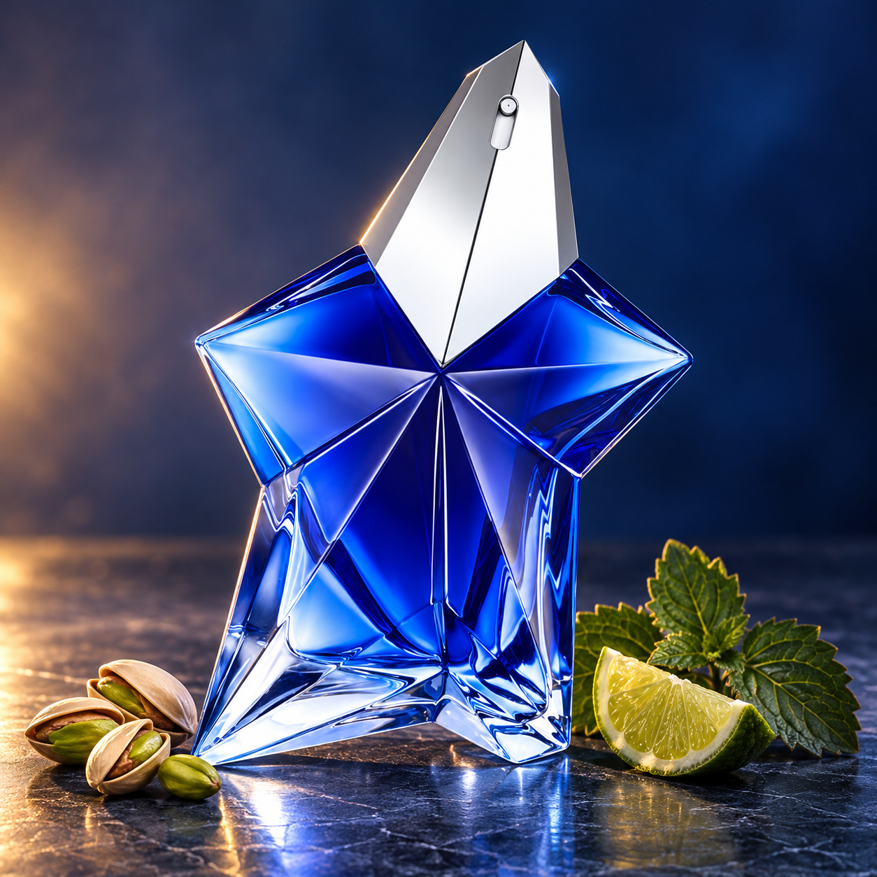 Mugler Angel Stellar’s cobalt-blue star bottle on polished dark stone beside pistachios, a bergamot wedge, and patchouli leaves in blue and warm amber light.