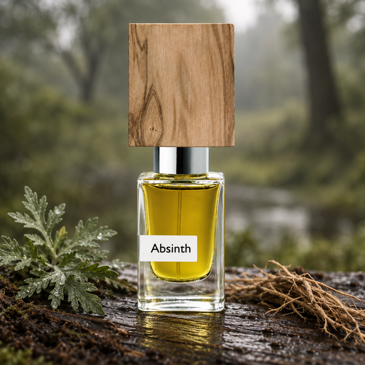 Nasomatto Absinth beside dew-covered wormwood and vetiver roots on damp wood, against a softly blurred woodland backdrop.