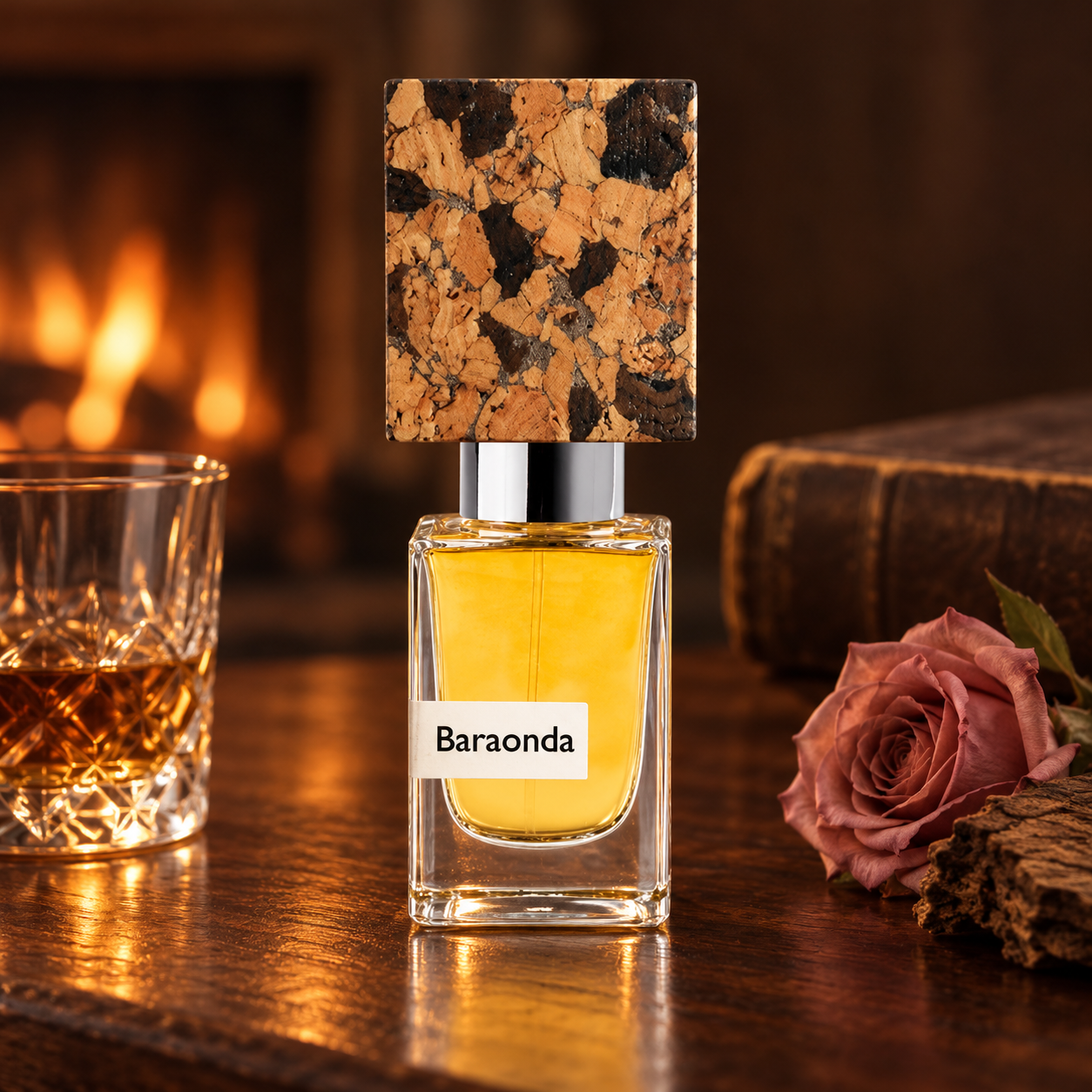 Nasomatto Baraonda on warm wood beside a whiskey tumbler, dusty rose, and aged wood, with a book and softly glowing fireplace behind it.