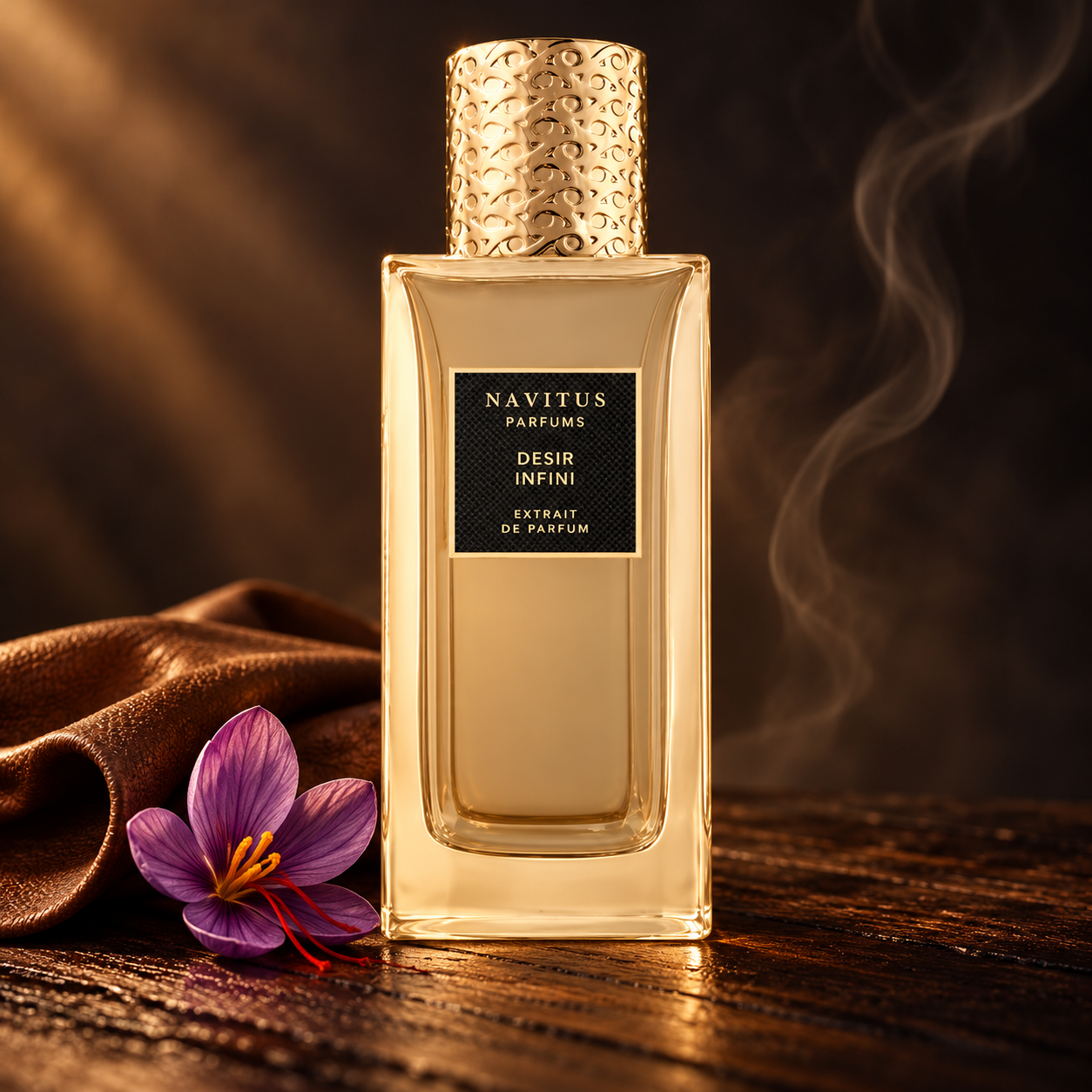 Navitus Desir Infini bottle on dark wood beside brown leather and a purple saffron crocus, with warm light and a wisp of smoke.