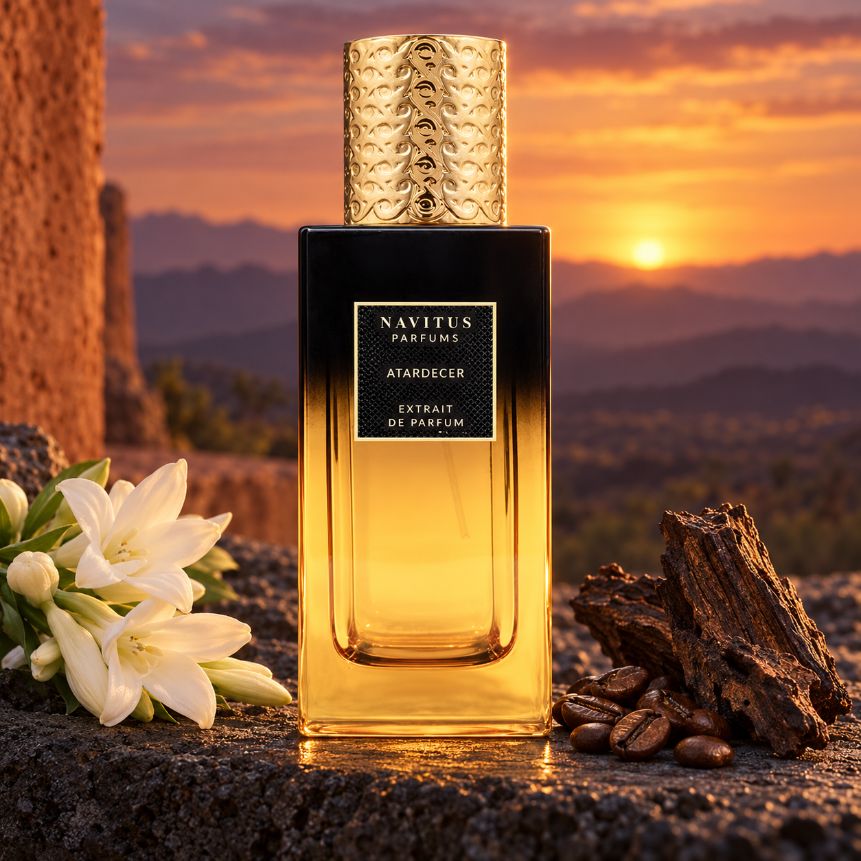 Navitus Parfums Atardecer on dark volcanic stone beside ivory flowers, coffee beans, and oud wood, with terracotta architecture and distant hills at sunset.