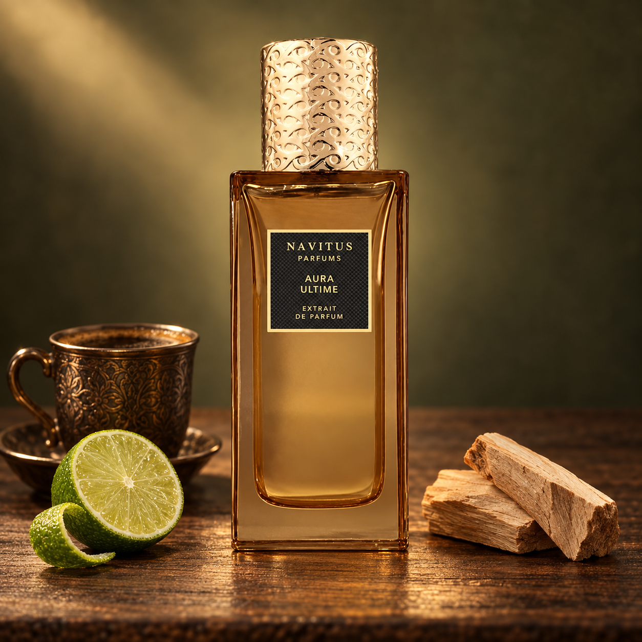 Navitus Parfums Aura Ultime on dark wood beside Turkish coffee, cut lime, and sandalwood in warm golden light.