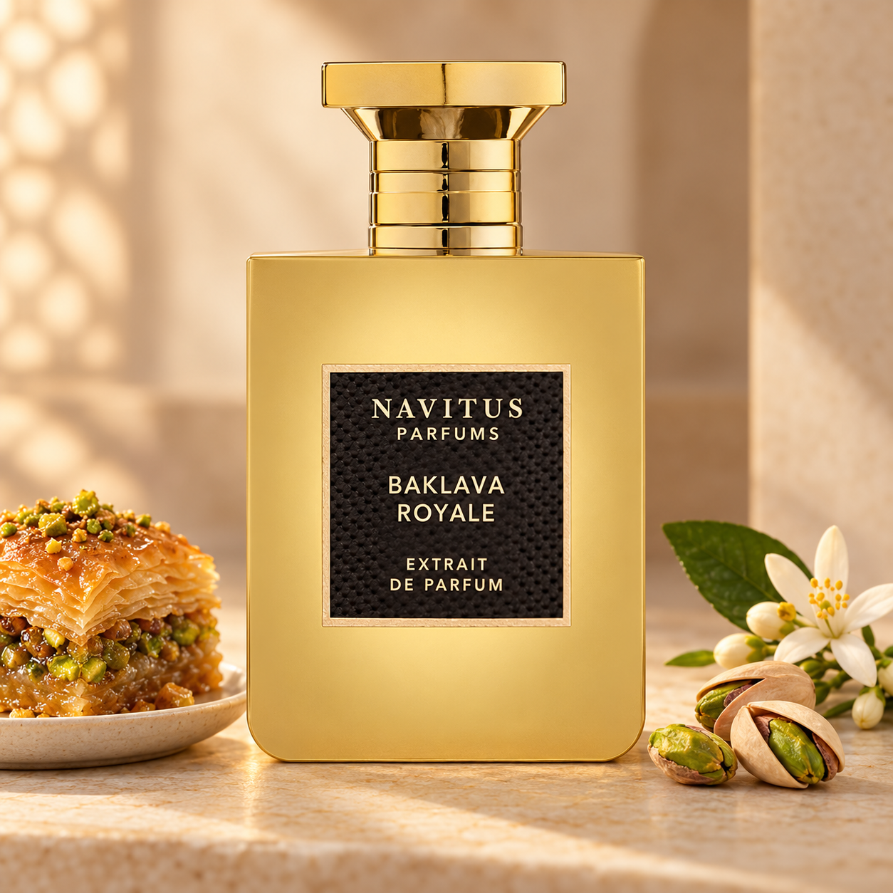 Navitus Parfums Baklava Royale’s gold bottle beside honey-glazed baklava, pistachios, and orange blossoms in warm light.