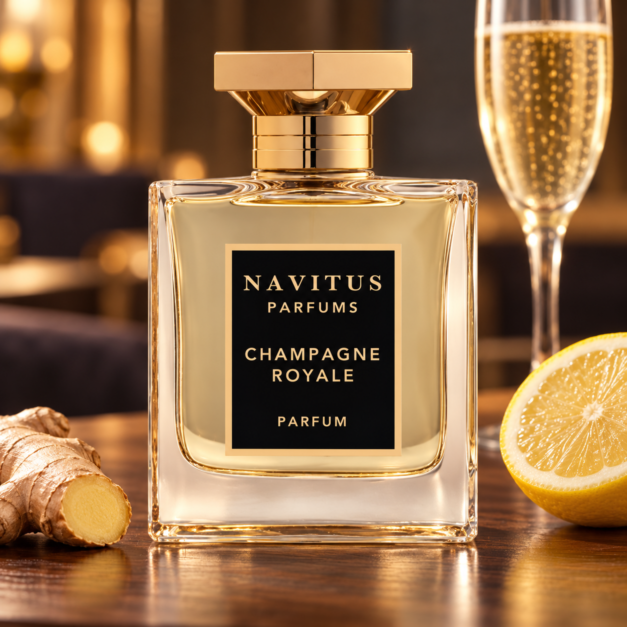 Navitus Parfums Champagne Royale on a wooden table beside ginger and a lemon half, with a champagne flute behind it in warm golden light.
