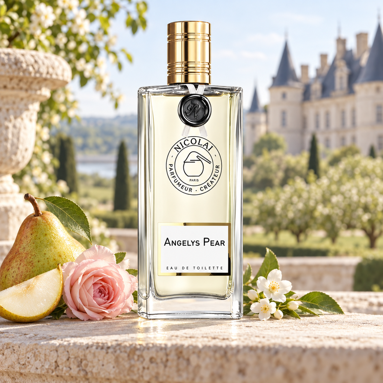Nicolaï Angelys Pear on sunlit limestone beside pear, a pink rose, and white blossoms, with an orchard and French château softly blurred behind.