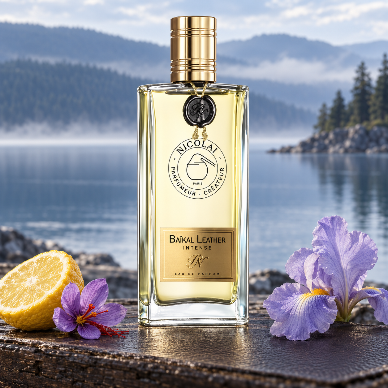Nicolai Baikal Leather Intense beside yuzu, saffron crocus, and iris on a leather-covered wooden ledge overlooking a misty lake and wooded hills.