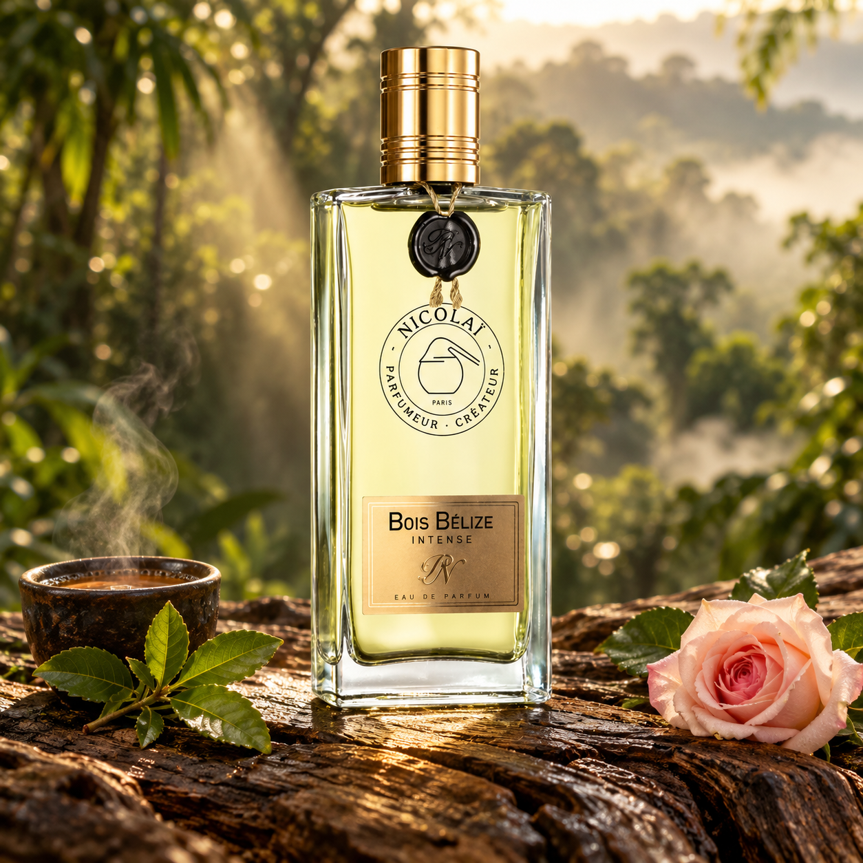 Nicolaï Bois Bélize Intense on textured wood beside steaming tea, green leaves, and a pink rose, with a sunlit tropical forest behind.
