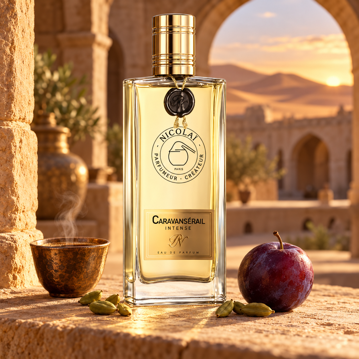 Nicolaï Caravansérail Intense with steaming coffee, a ripe plum, and cardamom in a golden sandstone courtyard overlooking desert dunes.