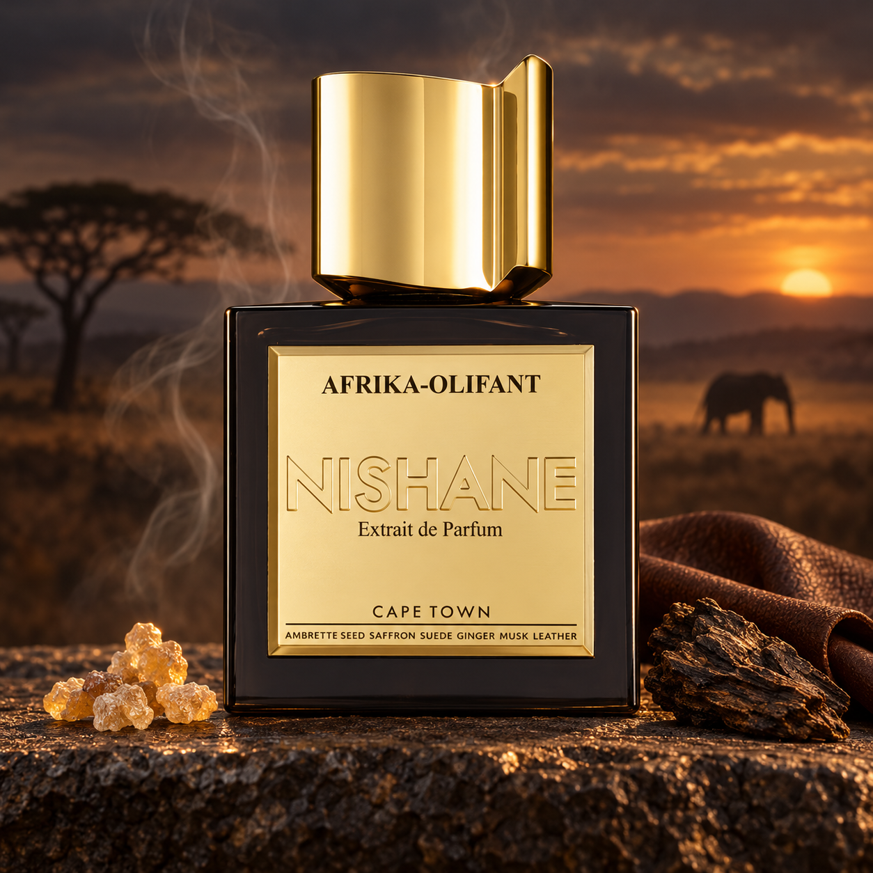 Nishane Afrika Olifant beside frankincense resin, oud wood, and brown leather, with smoky wisps and a distant elephant against a sunset savanna.