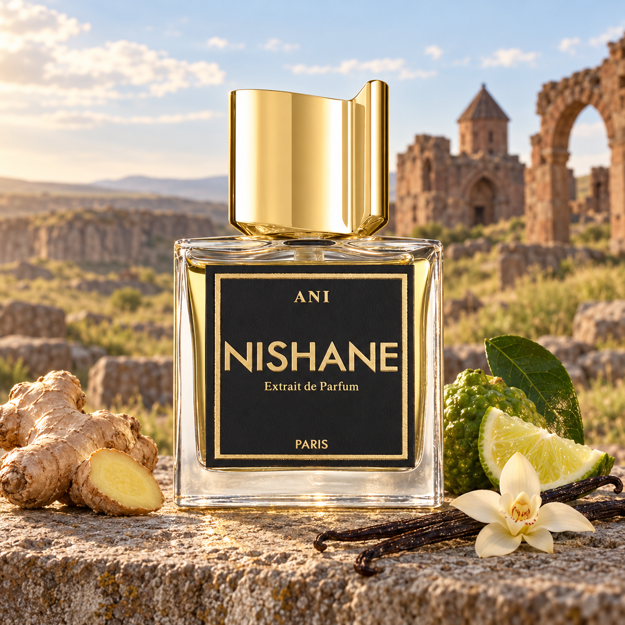 Nishane Ani on weathered stone beside ginger, bergamot, and vanilla pods with a cream orchid, overlooking softly blurred ancient church ruins in golden light.