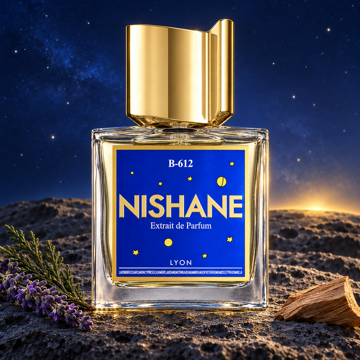 Nishane B-612 on an asteroid-like rocky surface beside lavender, cypress, and sandalwood beneath a starry blue sky.