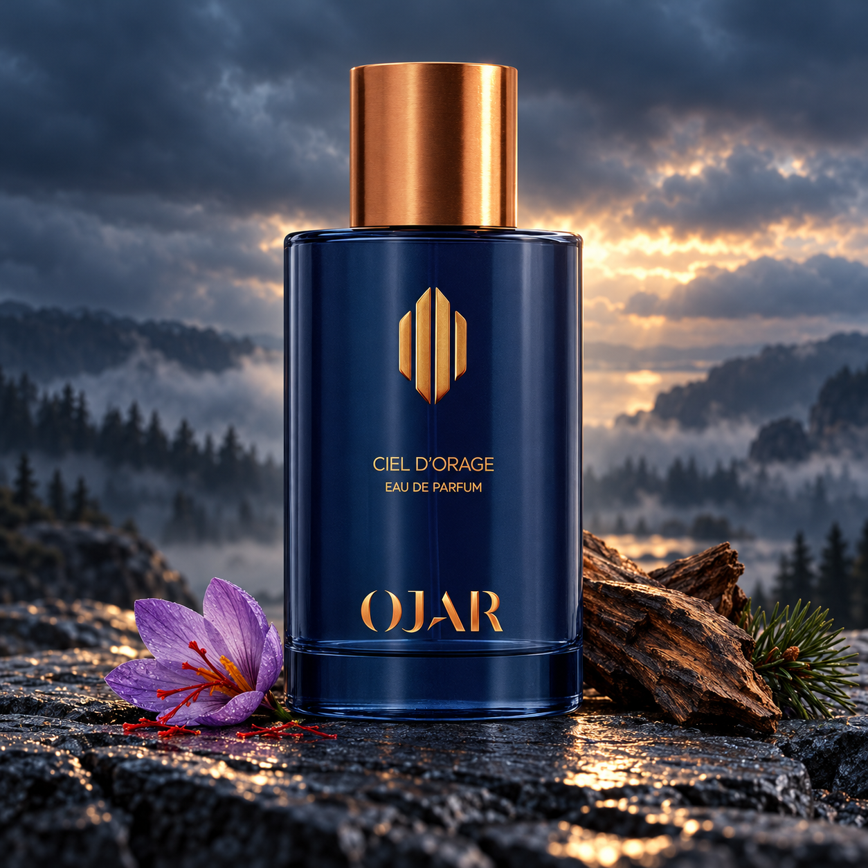 OJAR Ciel d’Orage’s navy bottle stands on wet slate beside a saffron crocus, wood, and pine, against a misty forest and storm-lit sky.
