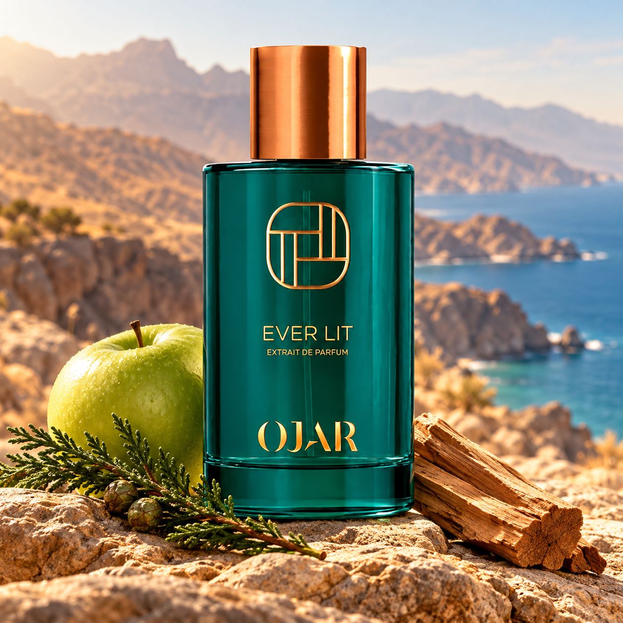 Ojar Ever Lit bottle with green apple, cypress and sandalwood on a rocky ledge overlooking coastal mountains.