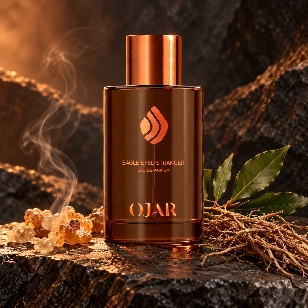 Ojar Eagle Eyed Stranger brown bottle with smoking frankincense, vetiver roots and laurel leaves on warmly lit dark stone.