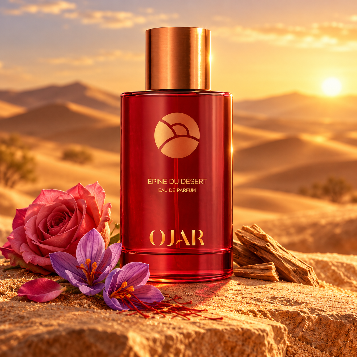 Ojar Epine du Desert bottle beside rose, saffron crocus and sandalwood against sunlit desert dunes.